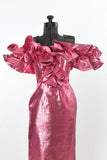 Vintage 1980s Pink Lamé Off Shoulder Ruffle Maxi Dress  | Size Small  | by J Reynolds Designs Atlanta