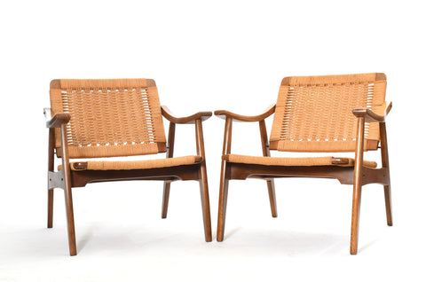 vintage 1960s Danish Modern MCM Rope Arm Chairs Set of 2