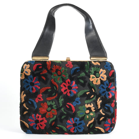 vintage 1950s 1960s black multicolored floral carved carpet bag purse