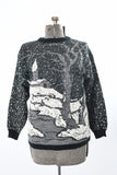 Vintage 1980s Snowy Winter Landscape Scene Black White Sweater  |  Medium  |  by Margules