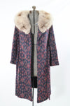Vintage 1960s Multicolor Mohair Flowers Fox Fur Wrap Midi Coat | Medium | by Berroco