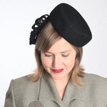 vintage 1940s frilled tilt felted wool pillbox black hat by New York creations