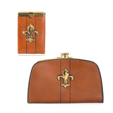 vintage 1960s brown leather fleur de lis domed wallet clutch and matching hard leather cigarette carry case