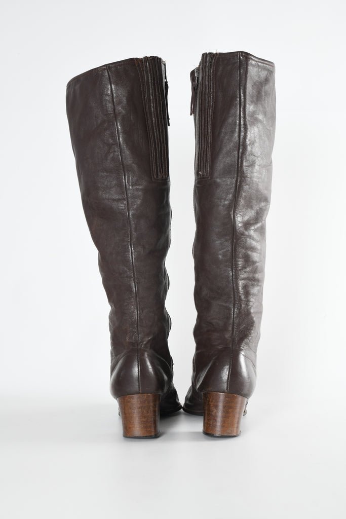 Vintage 70s Cobbie Dark Brown Knee High Leather Boots Stack Heel 5 1/2  Cobbie's
