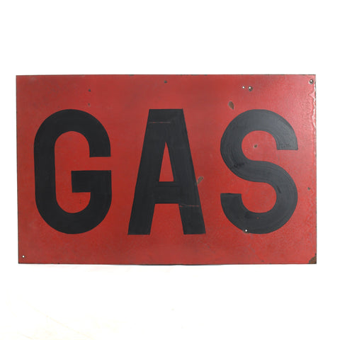 vintage red porcelain enamel 38 inch by 24 inch sign with GAS painted in black across front on white background