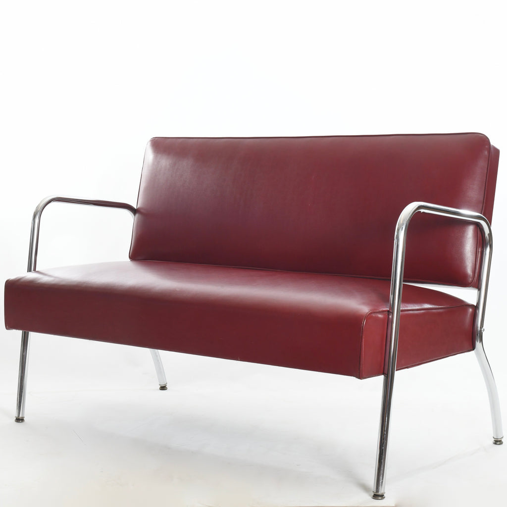 Vintage 1940s Red Chrome Modern Settee Couch