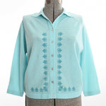 vintage 1960s aqua blue boucle knit turquoise flourish print button up cardigan sweater