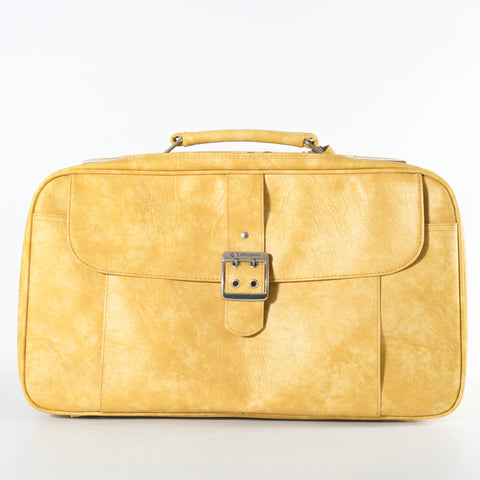 vintage 1970s yellow vinyl soft sided sonora Samsonite suitcase with front flap pocket  on white background