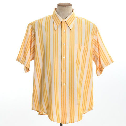 vintage late 1960s 1970s vertical yellow white stripe button collar short sleeve mens shirt shown on dress form with white background