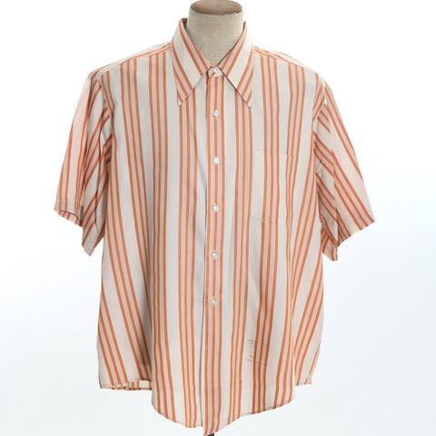 vintage late 1960s 1970s vertical orange white stripe button collar short sleeve mens shirt shown on dress form with white background