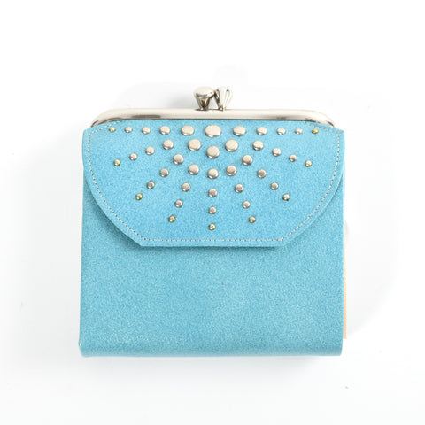 vintage 1960s turquoise blue leather silver studded bifold wallet with change purse shown lying flat on white background