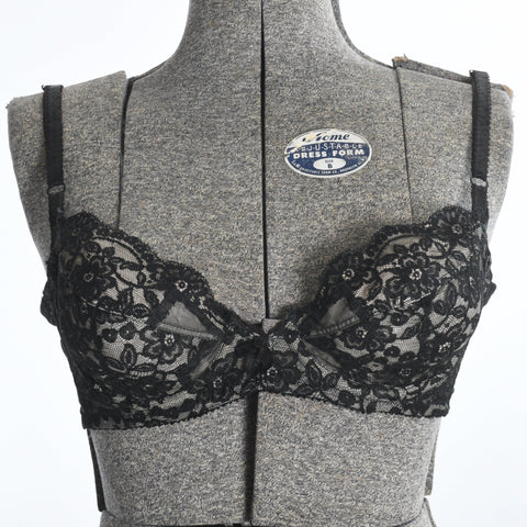 vintage early 1960s black illusion lace underwire pinup bra by Bali low with Demi cup and beige lining
