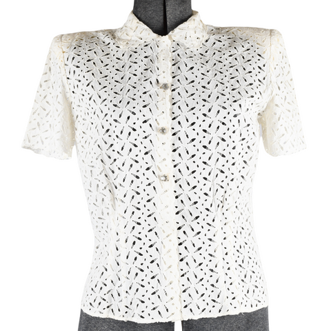 vintage 1950s cotton eyelet shoulder pad rhinestone buttons blouse