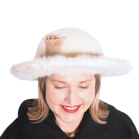 vintage 1960s off white plush fur felt wide brimmed Schiaparelli hat with beige leather ribbon around crown 