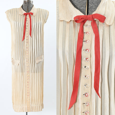 vintage 1920s cream vertical ribbon silk chiffon day dress