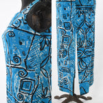 Vintage 1960s Blue Tahitian Print Never Worn Hawaiian Maxi Dress  | Size XS | by Pomare-Tahiti