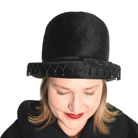 vintage 1960s black beaded soft deep crown Schiaparelli bowler hat