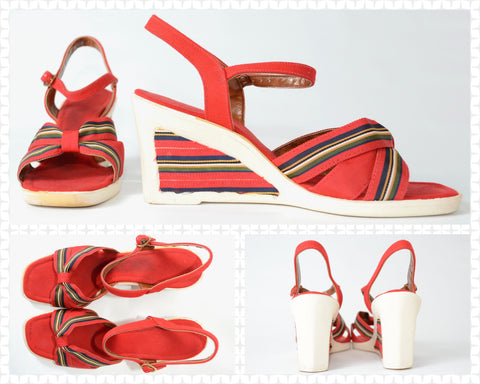 Vintage 1970s Red White Platform Wedge Sandals   |   7M   |   by Fanfare