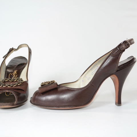 Vintage 1950s Brown Leather Sling Back High Heels    |   5B   |   by Air Step