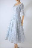 Vintage 1950s Pale Blue Full Skirt Lace Party Dress with Illusion Neckline   |   XS