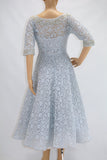 Vintage 1950s Pale Blue Full Skirt Lace Party Dress with Illusion Neckline   |   XS