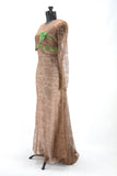 vintage 40s brown lace evening dress with lace bustled train with green bow and ribbon trim and illusion lace bodice side view