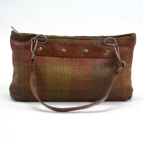 vintage 40s rust orange green plaid fabric handbag with leather handle