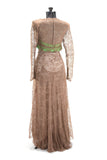 vintage 40s brown lace evening dress with lace bustled train with green bow and ribbon trim and illusion lace bodice back view