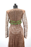 vintage 40s brown lace evening dress with lace bustled train with green bow and ribbon trim and illusion lace bodice back details