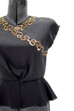 vintage 40s black crepe cap sleeve peplum blouse with gold sequin design center waist pleat
