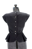vintage 40s black crepe cap sleeve peplum blouse back shell buttons down center back