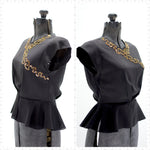 vintage 40s black crepe cap sleeve peplum blouse with gold sequin design side view
