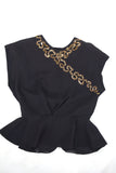vintage 40s black crepe cap sleeve peplum blouse with gold sequin design lay flat