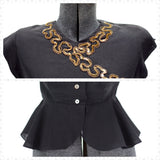vintage 40s black crepe cap sleeve peplum blouse with gold sequin design peplum and sequin detail