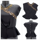 vintage 40s black crepe cap sleeve peplum blouse with gold sequin design