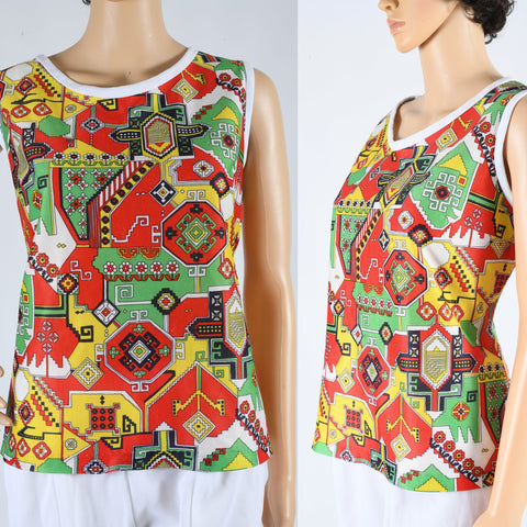 Vintage 1960s Funky Flowers and Geometric Shape Sleeveless Shirt   |    Large XL  |   by David Smith