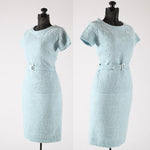 Vintage 1960s Blue Knit Rose Pattern Sweater Skirt Set   |   Small   |   by Rosanna