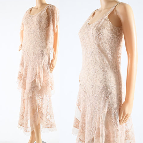 vintage 1920s early 1930s pale pink netted garden party dress with matching shawl, machine embroidered with flowers and leaves, tiered handkerchief skirt