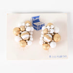 vintage 1950s white cluster gold bead clip on earrings on original Pandora Creations card