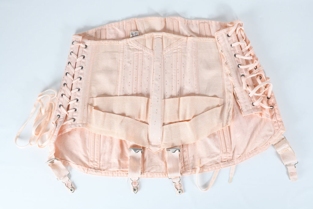 1940s 50s girdle corset, full body lace up boned pink grommet high