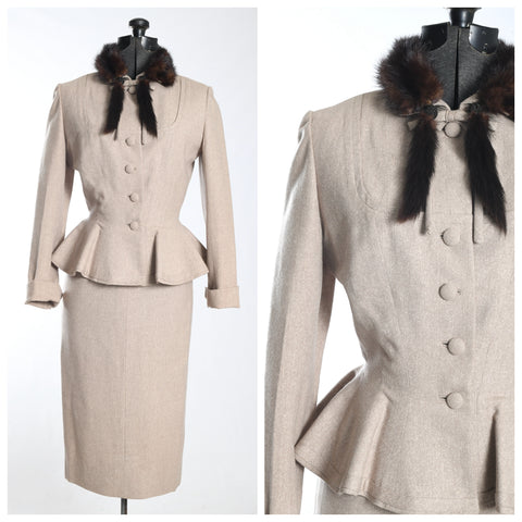 vintage 1950s beige wool peplum mink collar peplum skirt suit by Lilli Ann