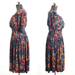 Vintage 1980s Watercolor Floral Corset Laced Midi Dress  | Size Medium | by Together