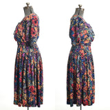 Vintage 1980s Watercolor Floral Corset Laced Midi Dress  | Size Medium | by Together