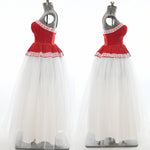 Vintage 1950s Red White Strapless Full Skirt Long Formal Dress  | Medium
