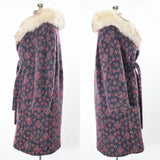 Vintage 1960s Multicolor Mohair Flowers Fox Fur Wrap Midi Coat | Medium | by Berroco