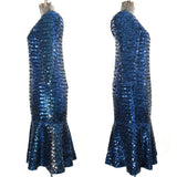 Vintage 1980s Blue Sequined Wounded Mermaid Midi Dress  | Size Large