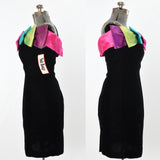 Vintage 1980s Jewel Tone Bows Short Black Velvet Cocktail Dress  | Size Large  | by Nuit Rouge