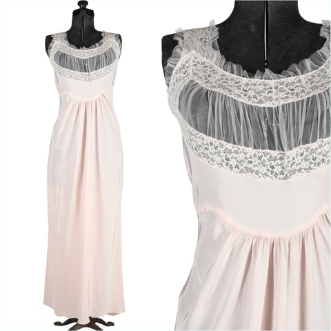 vintage 40s pink sheer mesh sexy bust pale pink long sleeveless nightgown 