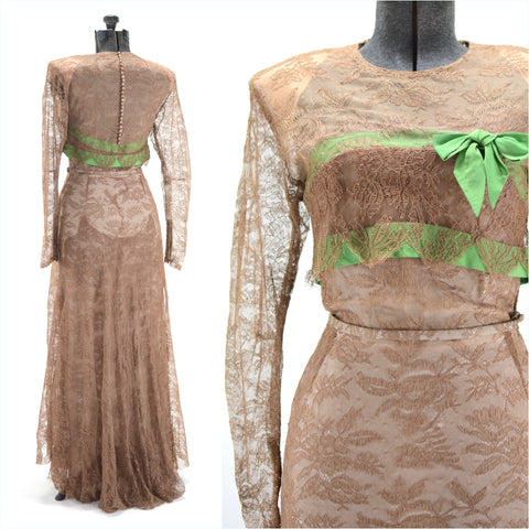 vintage 40s brown lace evening dress with lace bustled train with green bow and ribbon trim and illusion lace bodice and back