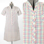 vintage 1970s red green yellow blue check short sleeve shift shirtwaist dress